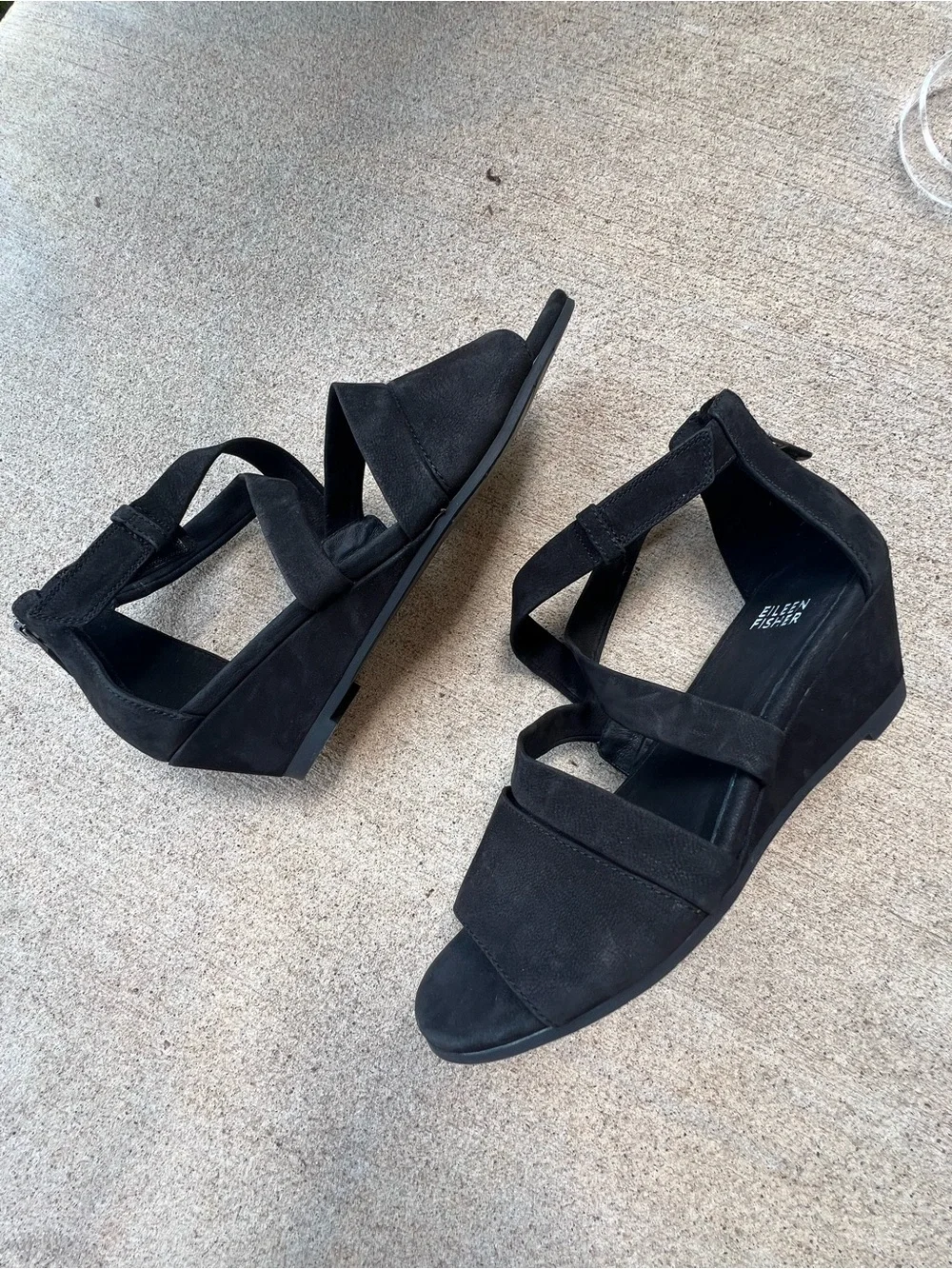 EILEEN FISHER Black Suede Strappy Wedge Sandals Size 7